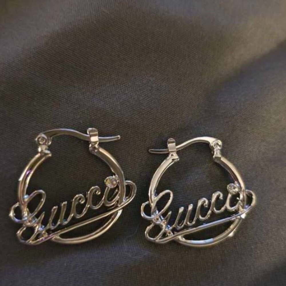 Retro Gucci Silver Hoop Earrings with Crystal Accent